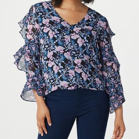 NWT Vince Camuto Navy Floral Tiered Ruffle-Sleeve V-Neck Top -Large - Picture 2 of 6